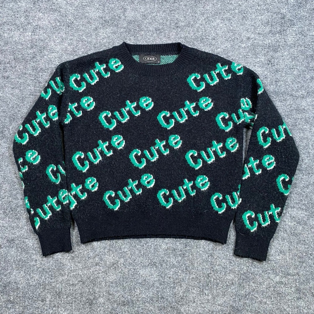 Cider Womens Cute Wordmark‎ Intarsia Knit Sweater Black Green Crew Neck Medium